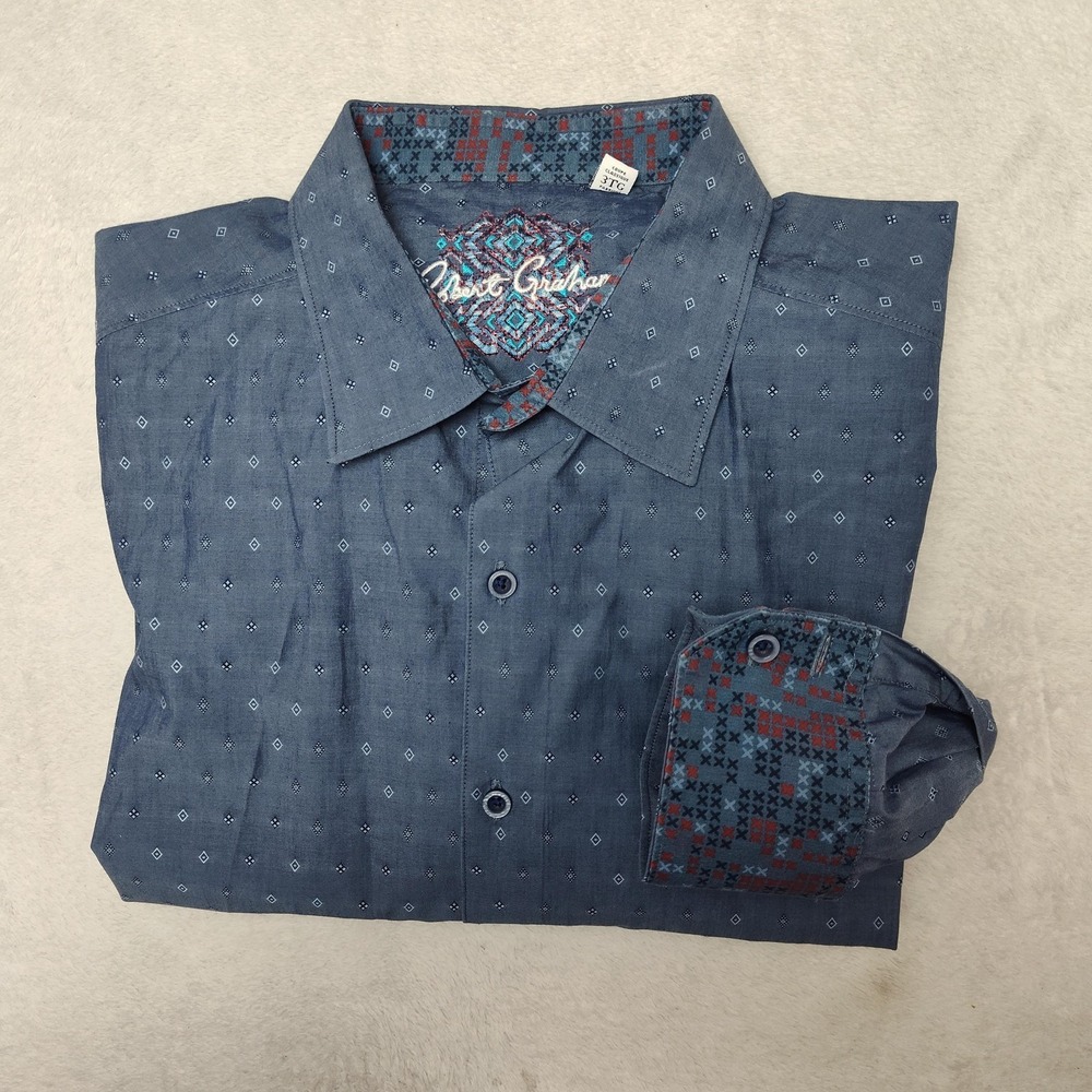 Robert Graham Shirt Mens 3XL Blue Chambray Geometric Button-Up Embroidered Flip